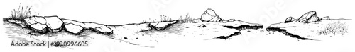 Hand drawn illustration of a rocky ground surface with large stones and boulders