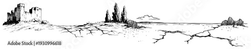 Panoramic landscape sketch of cracked desert ground with ruined castle and sparse trees