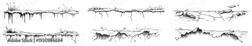 Set of hand drawn sketches showing various ground cross sections with cracks and rocky terrain