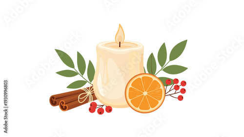 Cozy winter composition with a lit candle sticks of cinnamon and a slice of dried orange with red berries and leaves.