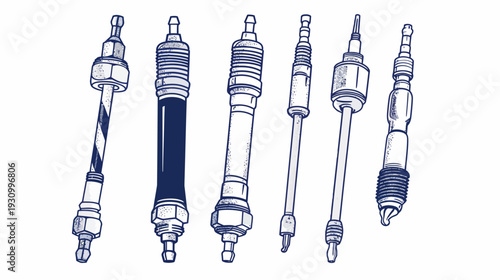 Stylized vector illustration of six automotive spark plugs, rendered in a detailed line art style