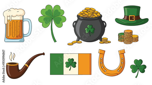Traditional St Patricks Day symbols including a beer mug pot of gold shamrocks horseshoe and Irish flag on white background.