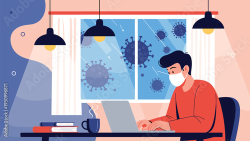 Man wearing a face mask while working on a laptop at night with virus icons visible through the window for safety concept.