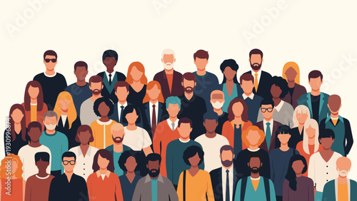 Large and diverse group of people from different backgrounds ages and ethnicities standing together in a crowded scene.