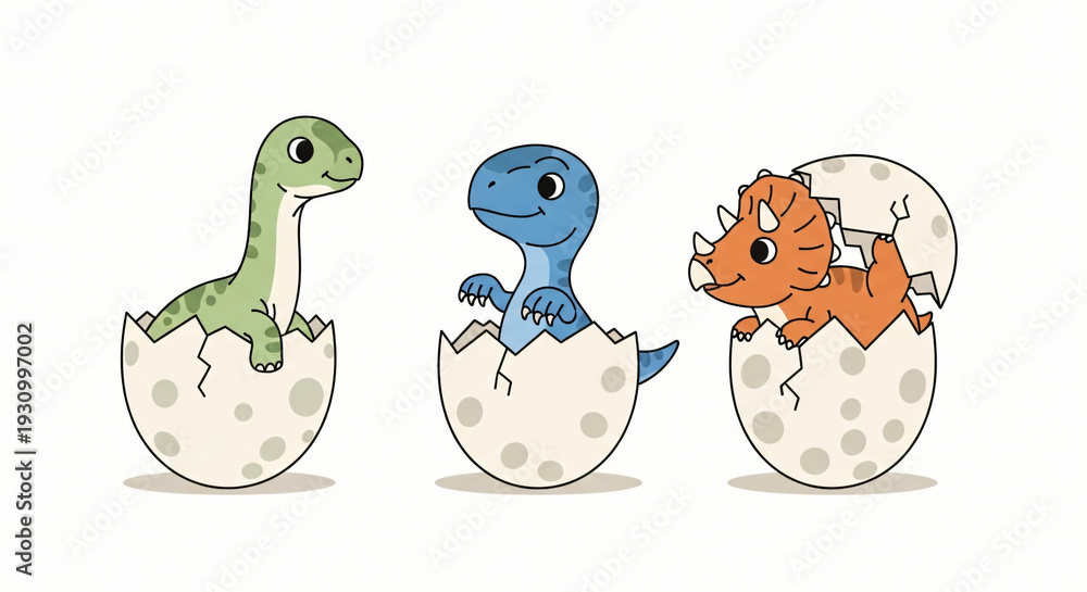 Obraz premium Three cartoon dinosaurs emerging from eggs in a row, depicted in a simple illustration style from a straight-on viewpoint