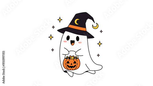 Adorable white ghost wearing a purple witch hat and holding a pumpkin bucket full of candy surrounded by golden stars.