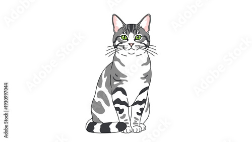 Detailed illustration of a beautiful gray tabby cat with green eyes and white patches sitting calmly on white background.