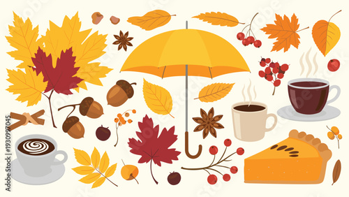 Beautiful autumn elements set featuring yellow umbrella colorful fallen leaves hot coffee pumpkin pie acorns and berries.