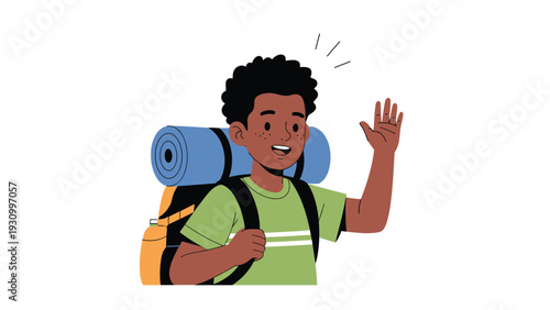 Happy young boy with a large hiking backpack and sleeping mat waving his hand for outdoor adventure and camping trip.