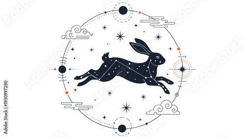 Mystical illustration of a rabbit jumping through a starry sky inside a celestial circle with moon phases and astronomical star constellations.