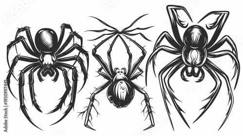 Three stylized, black and white illustrations of spiders in different poses on a plain white background