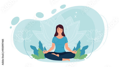 Serene woman meditating in a lotus yoga pose with her eyes closed against a background of large lotus flower outlines and green plants.