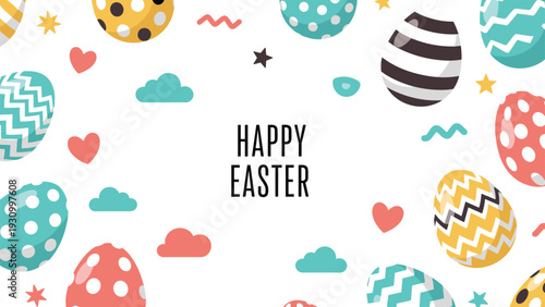 Happy Easter greeting card design with colorful decorated eggs, hearts, clouds, and stars scattered around central black text on white.