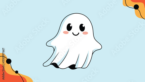 Friendly little white ghost with pink cheeks and a smiling face floating on a light blue background with abstract orange and black shapes.