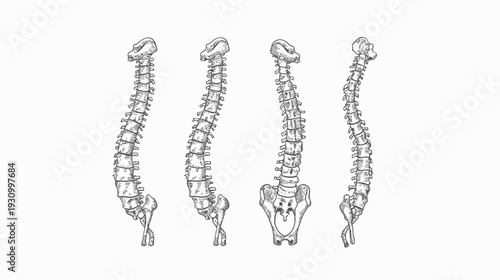 A detailed illustration of the human spine in multiple angles, drawn in a grayscale style