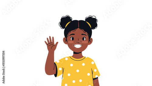 Portrait of a young black girl with her hair in two buns smiling and waving her hand on a clean white background in a flat style.