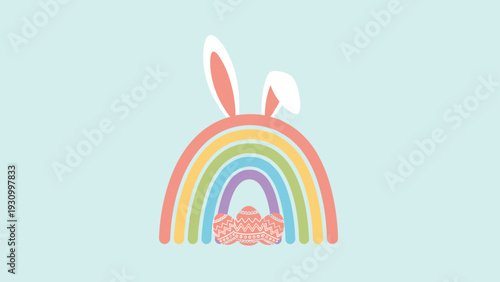 Stylized rainbow with bunny ears on top and three decorated Easter eggs tucked underneath on a soft light blue background.