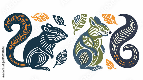 Stylized illustration featuring two squirrels and leaves, rendered with an organic, folk art aesthetic