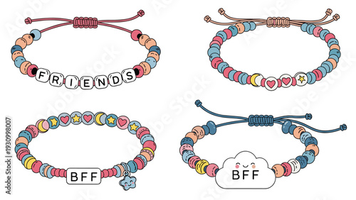 Set of four different handmade beaded friendship bracelets with letters spelling Friends and BFF along with heart and cloud charms.