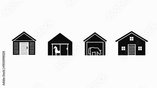 A collection of four black and white illustrations of barns or sheds, each with different features and contents
