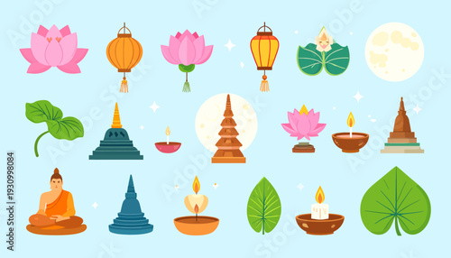 Buddhist Symbols and Icons Illustration Set.