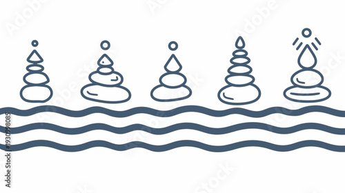 Linear illustration of stone stacks above wavy lines, possibly representing balance