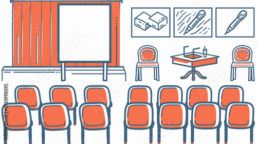 Illustration of a conference or presentation setup with chairs, a stage, and other visual elements