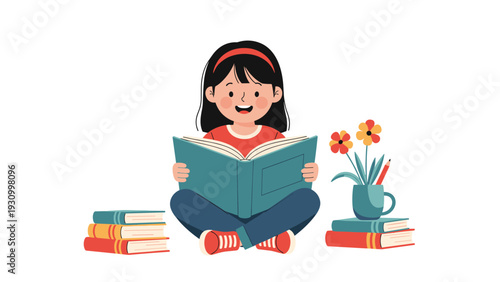 Happy young girl with black hair sits cross legged on the ground while reading a large book with colorful stacks of literature nearby.