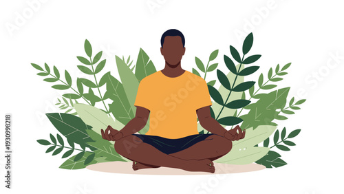 Man of African descent meditates in a peaceful lotus position surrounded by various green tropical leaves and lush plants for calm.