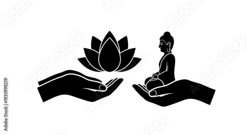 Hands Holding Lotus Flower and Person Meditating.