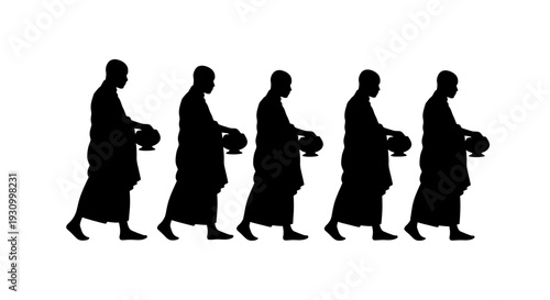 Silhouetted Monks Walking in a Line.