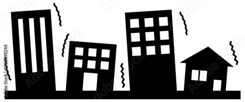 地震で建物が揺れる様子のモノクロイラスト