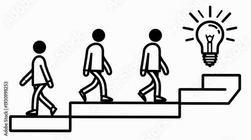 Black and white illustration of stick figures climbing stairs towards a lightbulb, symbolizing ideas