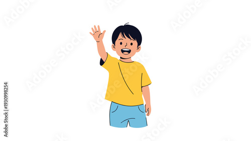 Cheerful young boy with short black hair wearing a bright yellow shirt and blue shorts waves his hand with a happy smile on his face.