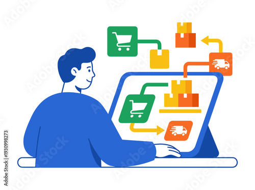 Man using laptop for online shopping and data analysis.