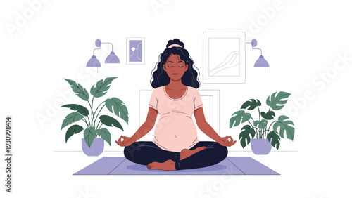 Pregnant woman sitting in a lotus position practices prenatal yoga at home on a purple mat surrounded by indoor potted plants.