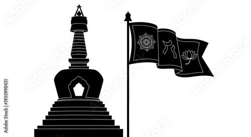 Buddhist Stupa Monument with Prayer Flags.