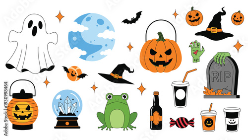 Large collection of Halloween themed icons including a ghost pumpkin witch hat crystal ball and other spooky holiday elements.