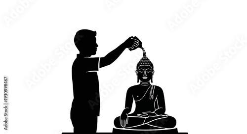 Man Pouring Water on Buddha Statue.