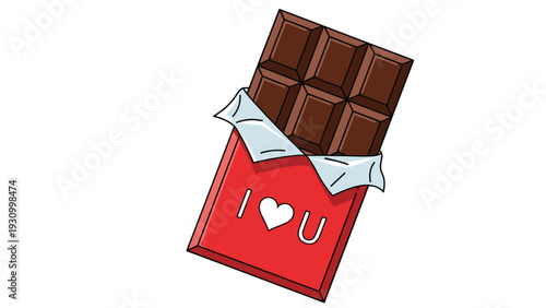 Wrapped dark chocolate bar with a red paper cover featuring the message I love you partially reveals the sweet treats inside.