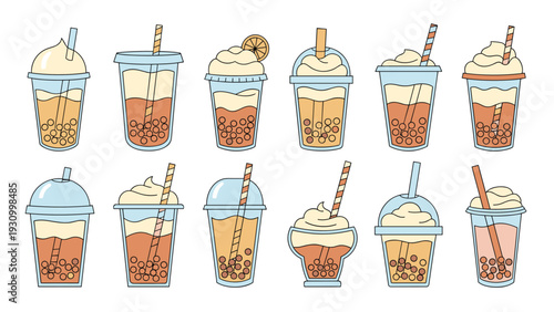 Diverse collection of bubble tea illustrations showing various cup shapes flavors and straw designs for tea shop menu concepts.