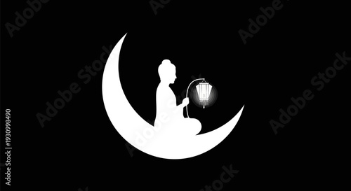 Silhouette of Mother and Child on Crescent Moon.