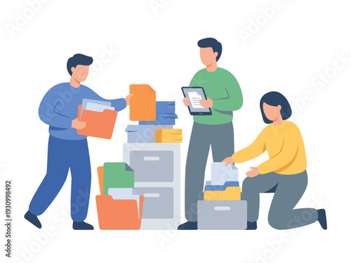 Three people organizing and packing boxes.