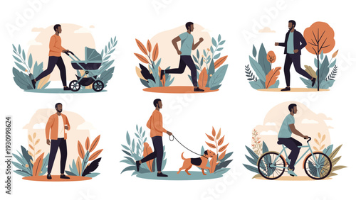 Set of African American people enjoying various outdoor activities like jogging cycling and walking a baby in a stylized park.