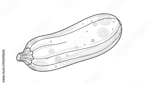 Detailed line drawing of a fresh zucchini with circular patterns for children to color in this educational food illustration.