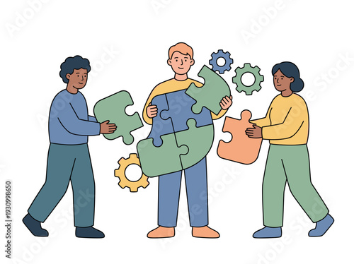 Diverse team working together on puzzle pieces.