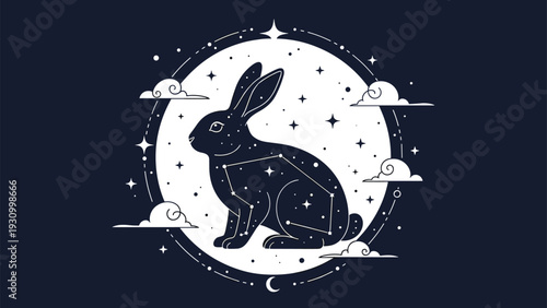 Celestial rabbit silhouette containing stars and constellations set against a bright full moon and clouds on a dark night sky.