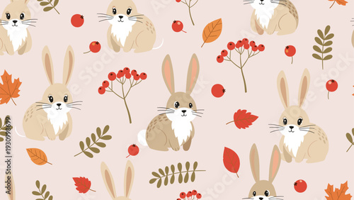 Seamless autumn pattern with cute brown rabbits red berries and various fall leaves on a soft pink background for children.