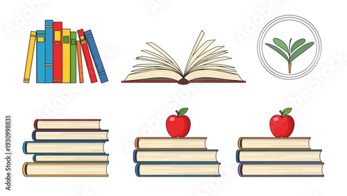 Set of various book icons including stacks of textbooks an open book and red apples representing education and learning.