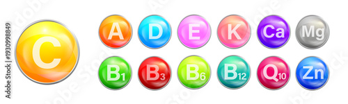 Vitamin and mineral set. Essential multivitamin complex. Vitamin A, B group, C, D3 for nutrition, supplement and healthcare
